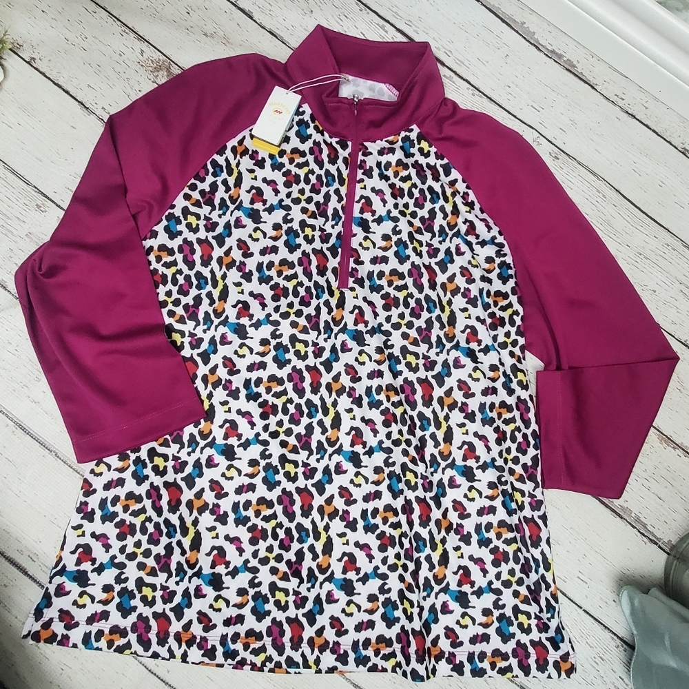 Monterey Club Women's Pro Leopard Print Block 3/4 Sleeve Zip Top. XL